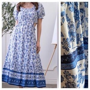 By The River Blue White Porcelain Floral Print Linen Blend Cut Out Midi Dress L